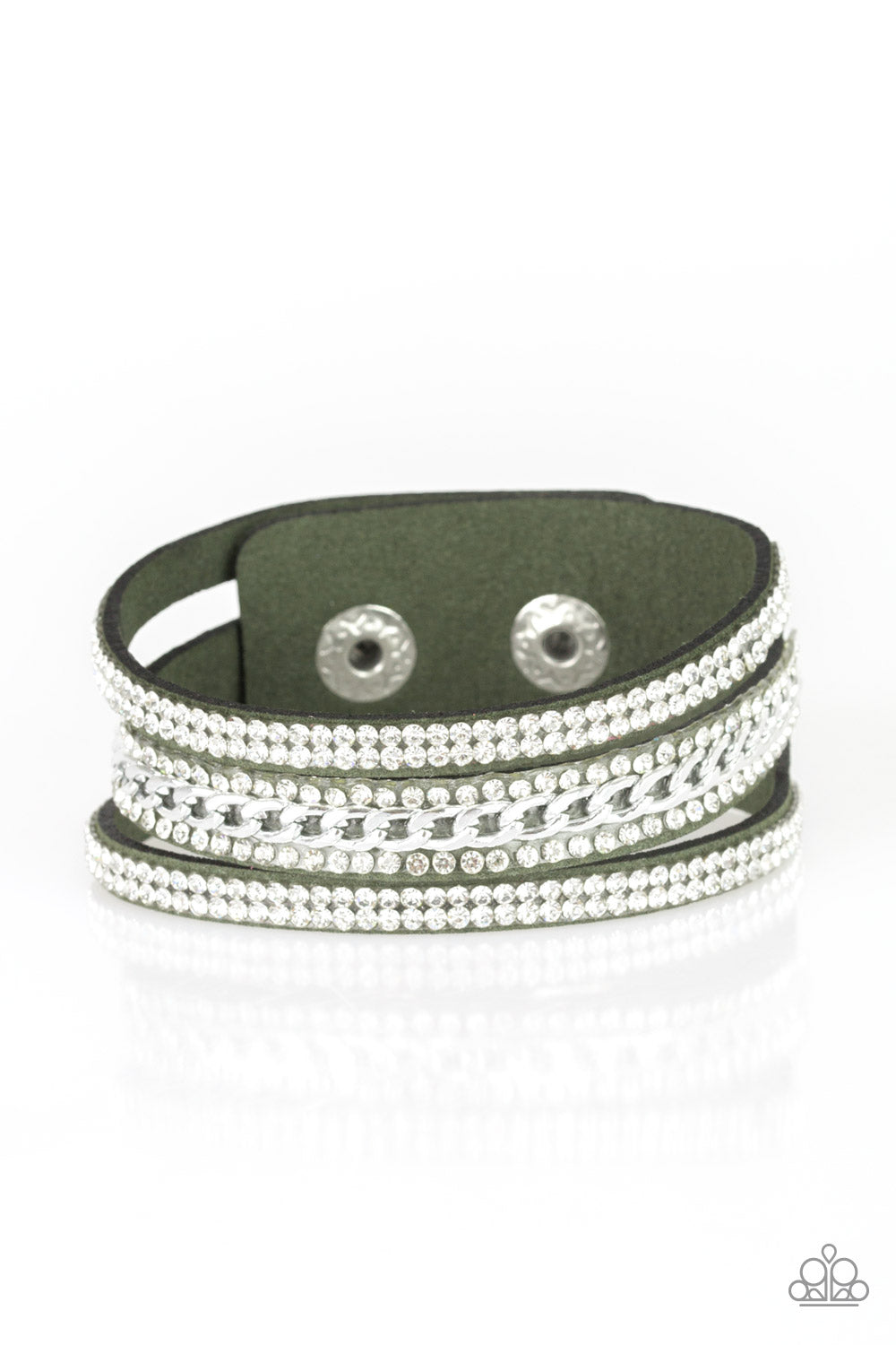 Rollin In Rhinestones - Green Leather Bracelet